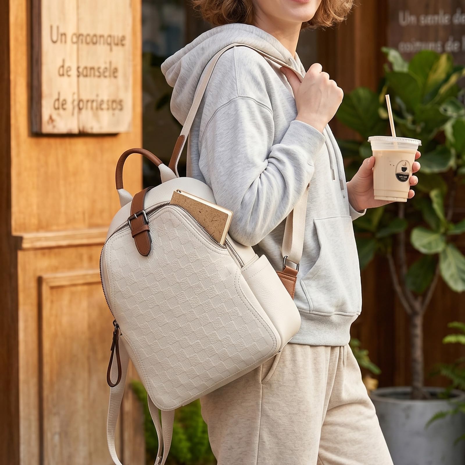 Leather Work Womens Backpack - Damen-Rucksack aus geprägtem kariertem PU-Leder, wasserdichter,