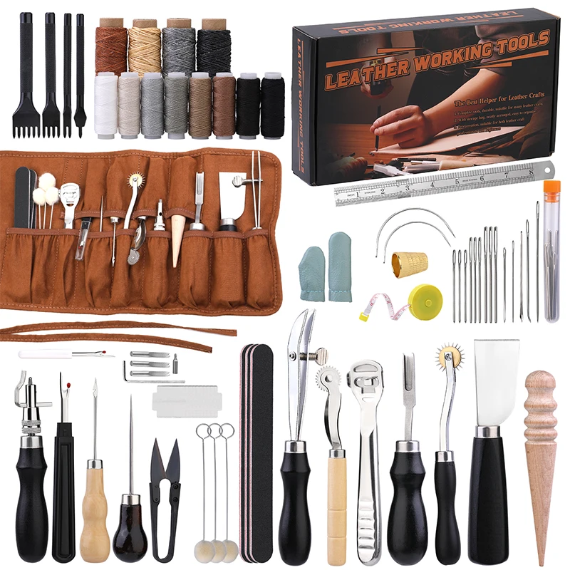 Leatherwork Punching Tool - KRABALL Professionelles Lederhandwerk-Werkzeugset, Handnähen, Reparaturset, Wachsfaden,